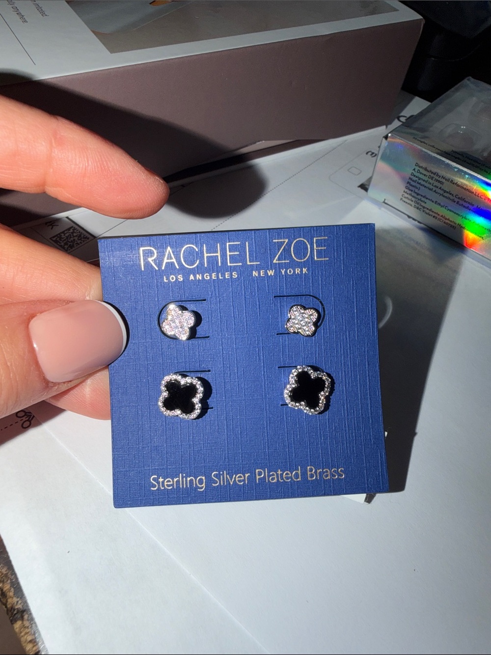 Rachel Zoe ~Black and Clear Clover Stud Earring Set NWT
